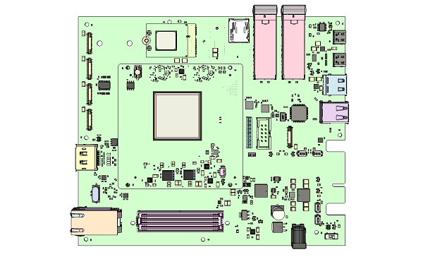 Rendering of Critical Link's MitySOM-A5E Development Kit featuring the 32mm x 32mm package Altera Agilex 5 FPGA