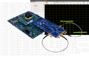 RF Reference Platform with MitySOM-A10S, ADI high speed FMC card, and oscilliscope